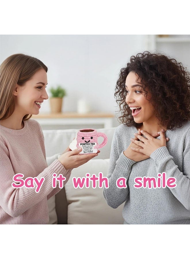 Cute Birthday Gifts for Women, Positive Handmade Crochet Pink Tea Cup Desk Decor–Tea Lovers Funny Unique Emotional Small Gift for Best Friends Girlfriend Wife Mom Coworkers Thank You Valentines Day - Image 5